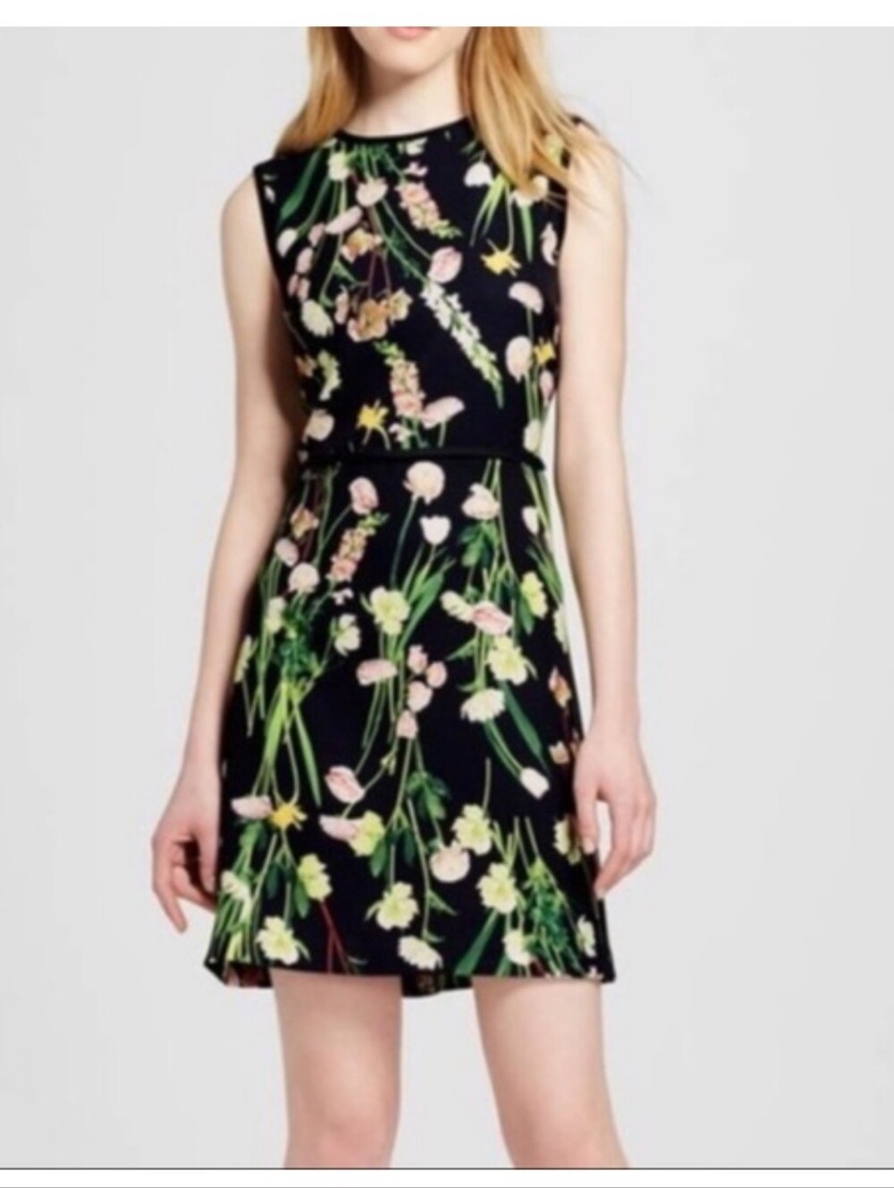 Victoria Beckham Floral Sleeveless Black A-Line Dress - Size Small